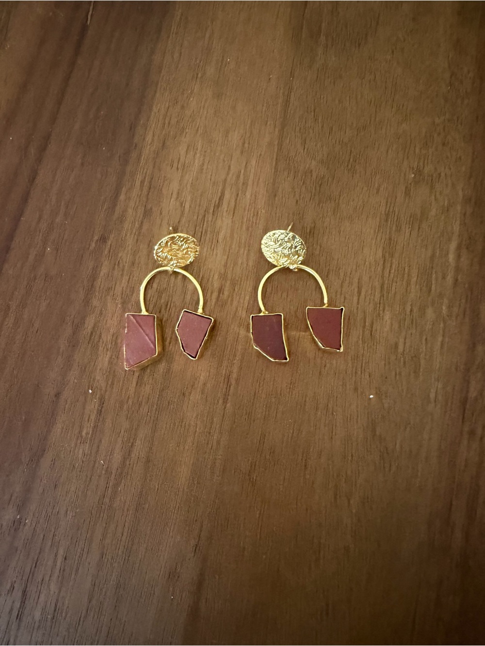 Gold Hoop Drop Earrings with Maroon Stone Accents